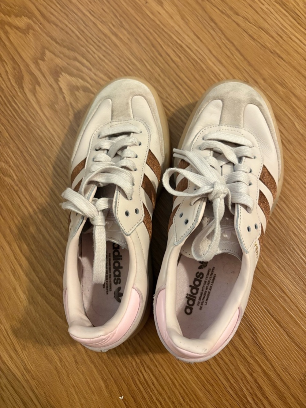 Adidas light pink Sneakers with Brown Stripes and Pink Heel Accent